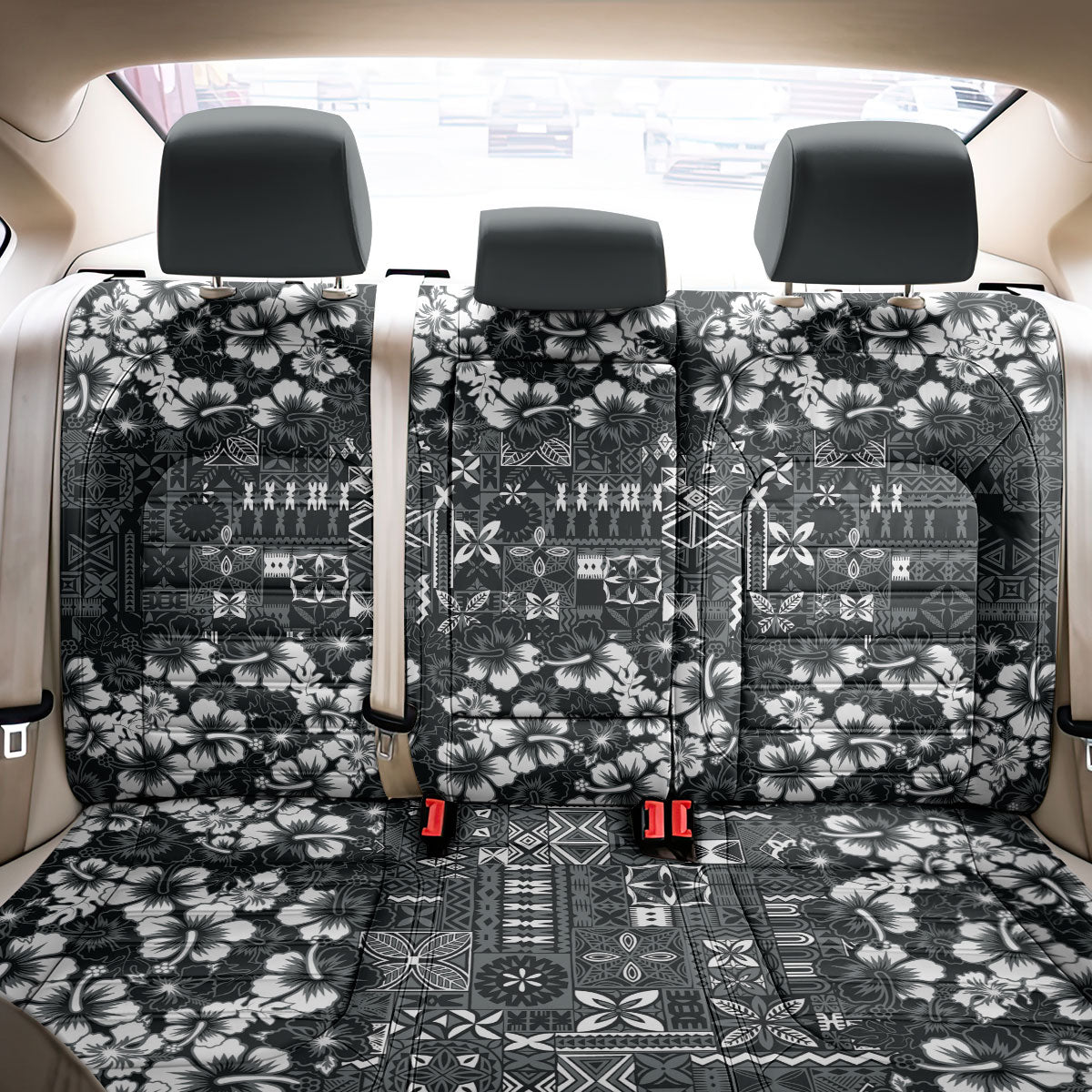 Black Hawaiian Tapa Tribal Hibiscus Back Car Seat Cover