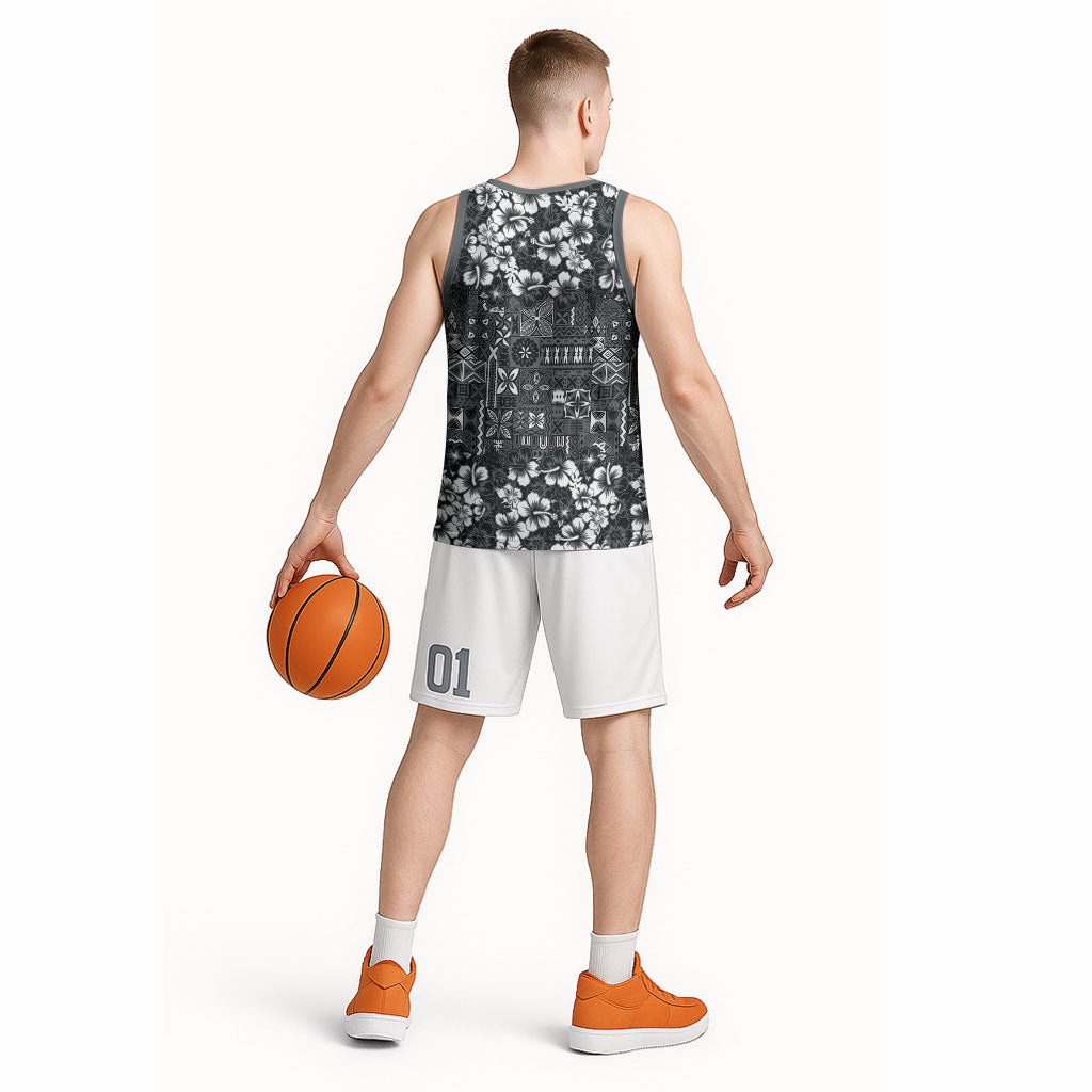 Black Hawaiian Tapa Tribal Hibiscus Basketball Jersey