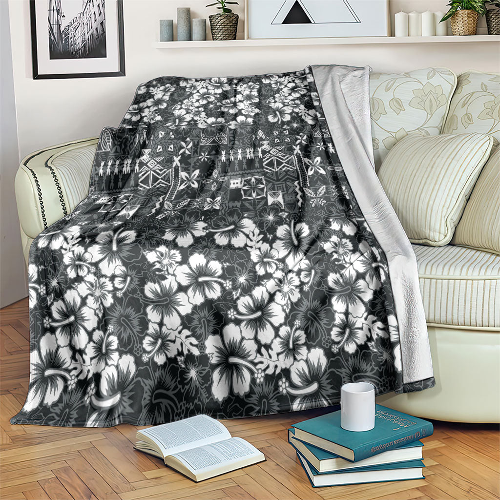 Black Hawaiian Tapa Tribal Hibiscus Blanket