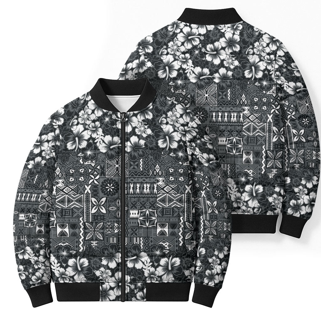 Black Hawaiian Tapa Tribal Hibiscus Bomber Puffer Jacket