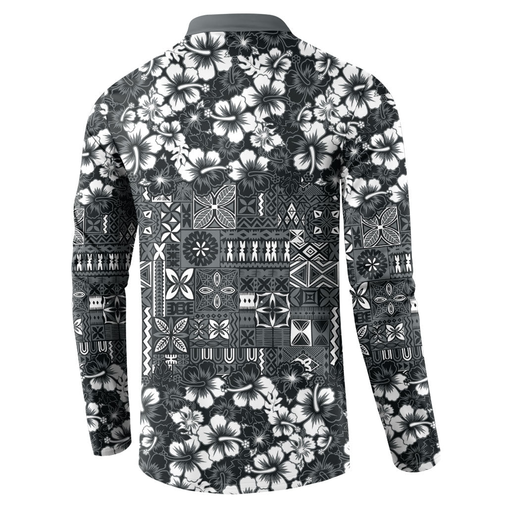 Black Hawaiian Tapa Tribal Hibiscus Button Sweatshirt