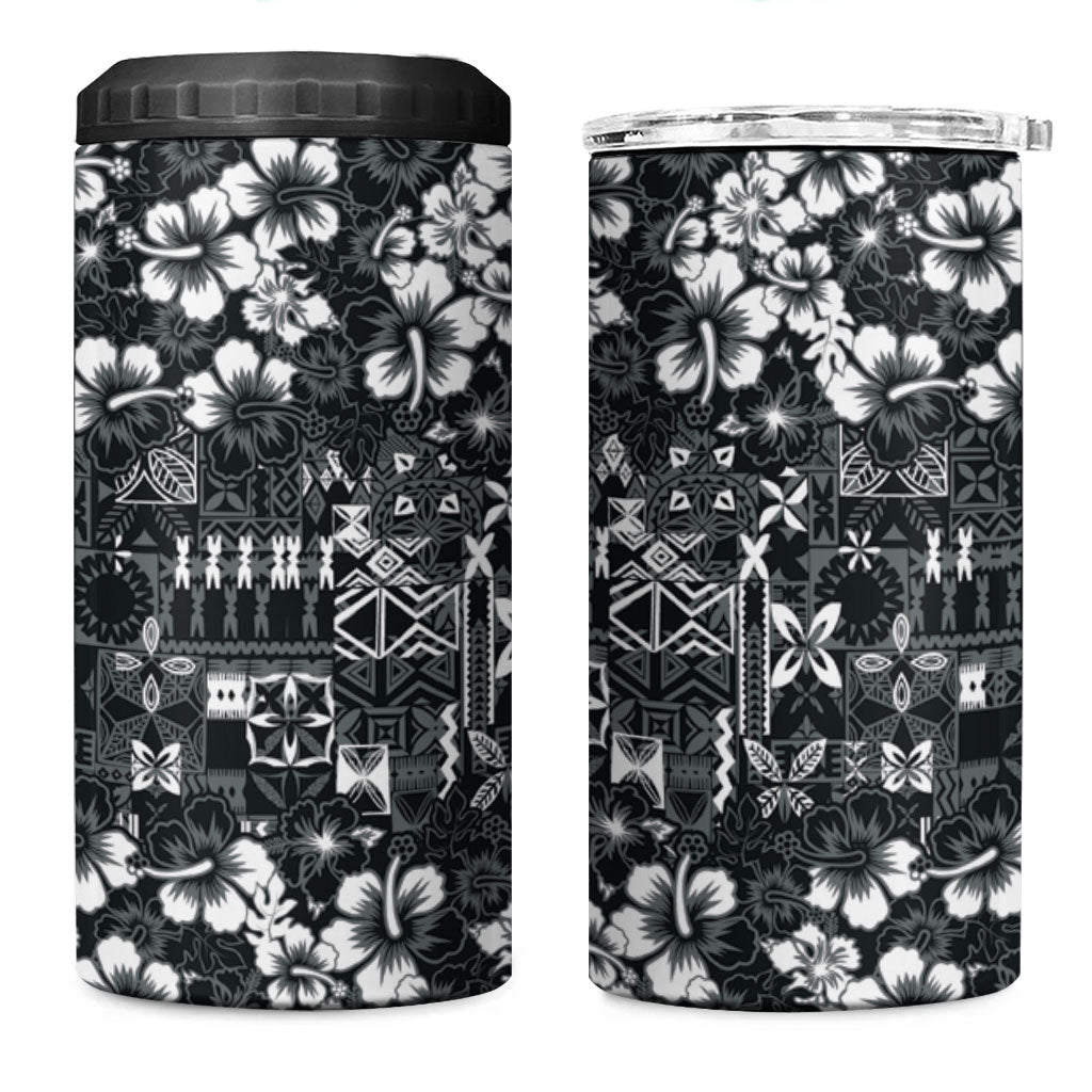 Black Hawaiian Tapa Tribal Hibiscus 4 in 1 Can Cooler Tumbler