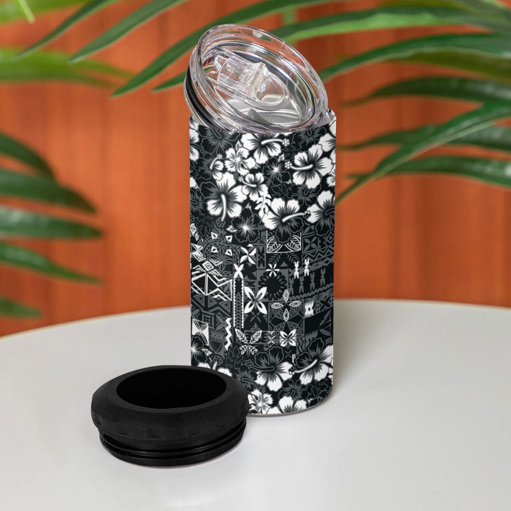Black Hawaiian Tapa Tribal Hibiscus 4 in 1 Can Cooler Tumbler
