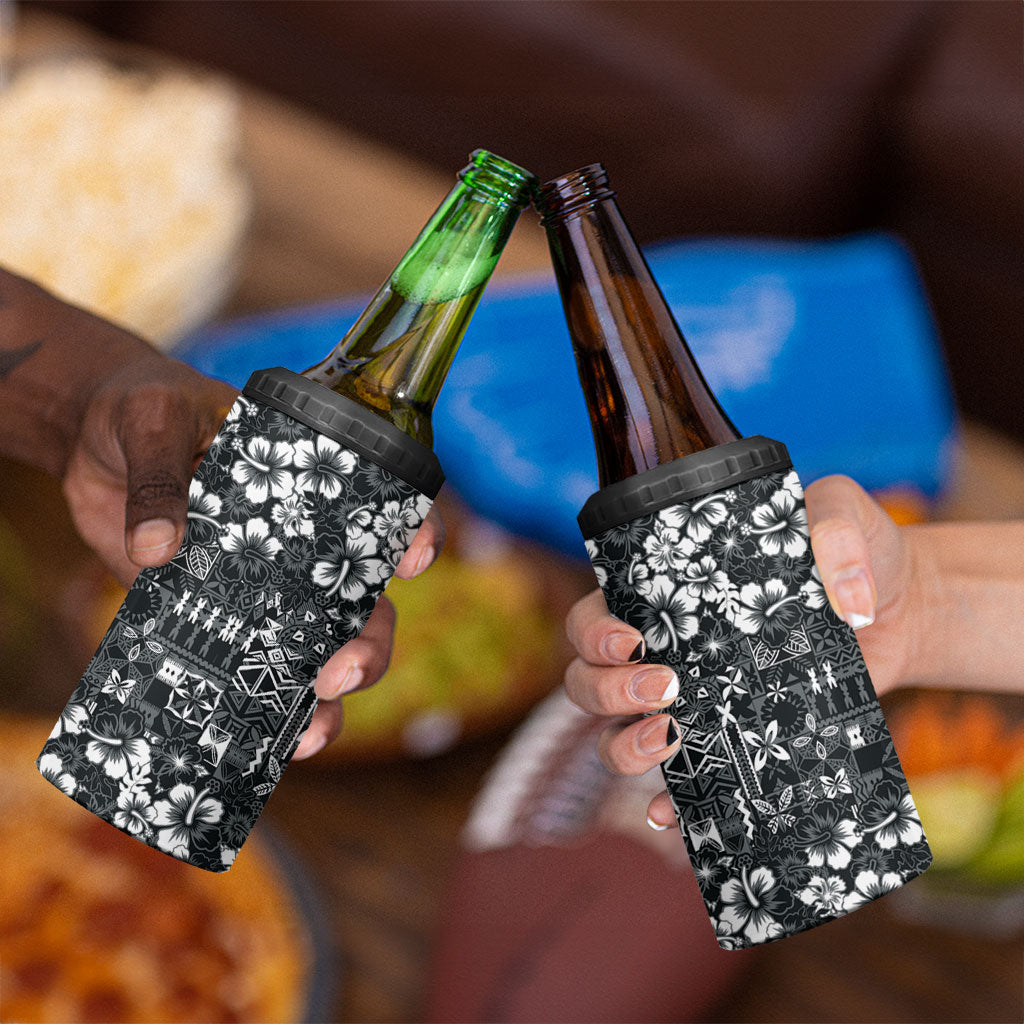 Black Hawaiian Tapa Tribal Hibiscus 4 in 1 Can Cooler Tumbler