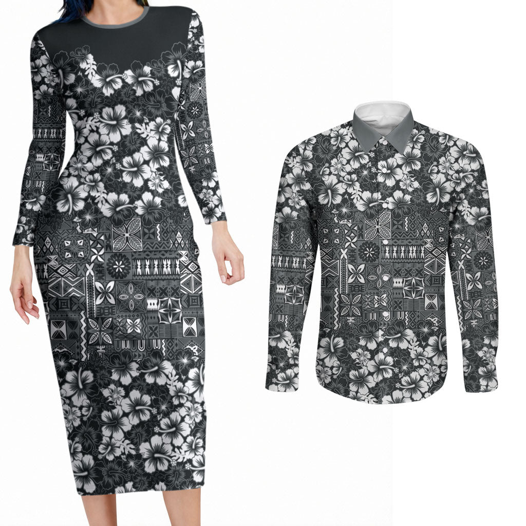 Black Hawaiian Tapa Tribal Hibiscus Couples Matching Long Sleeve Bodycon Dress and Long Sleeve Button Shirt