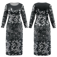 Black Hawaiian Tapa Tribal Hibiscus Couples Matching Long Sleeve Bodycon Dress and Long Sleeve Button Shirt