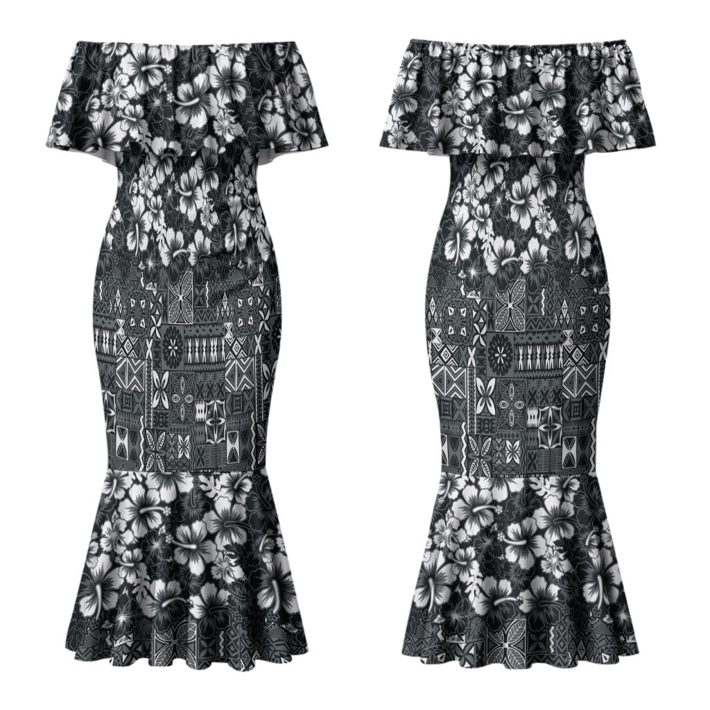 Black Hawaiian Tapa Tribal Hibiscus Couples Matching Mermaid Dress and Long Sleeve Button Shirt