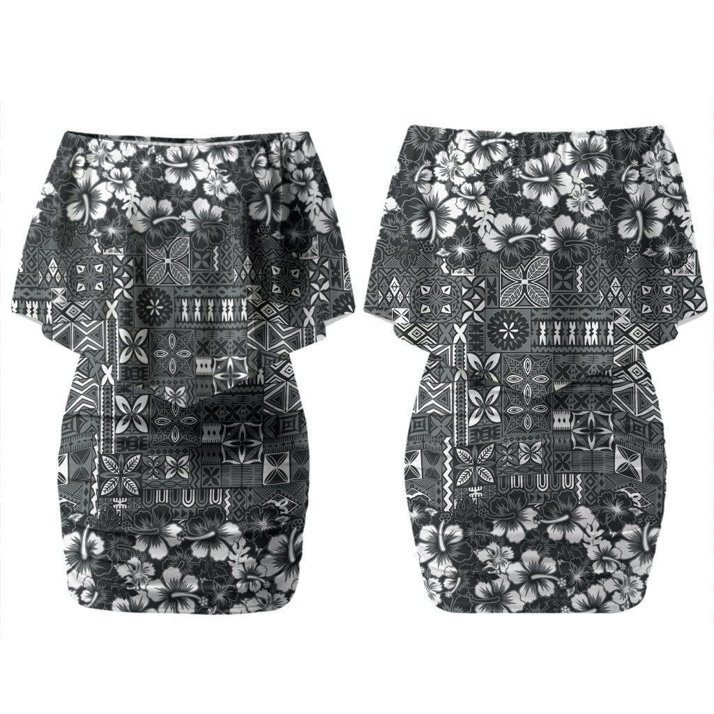 Black Hawaiian Tapa Tribal Hibiscus Couples Matching Off Shoulder Short Dress and Hawaiian Shirt