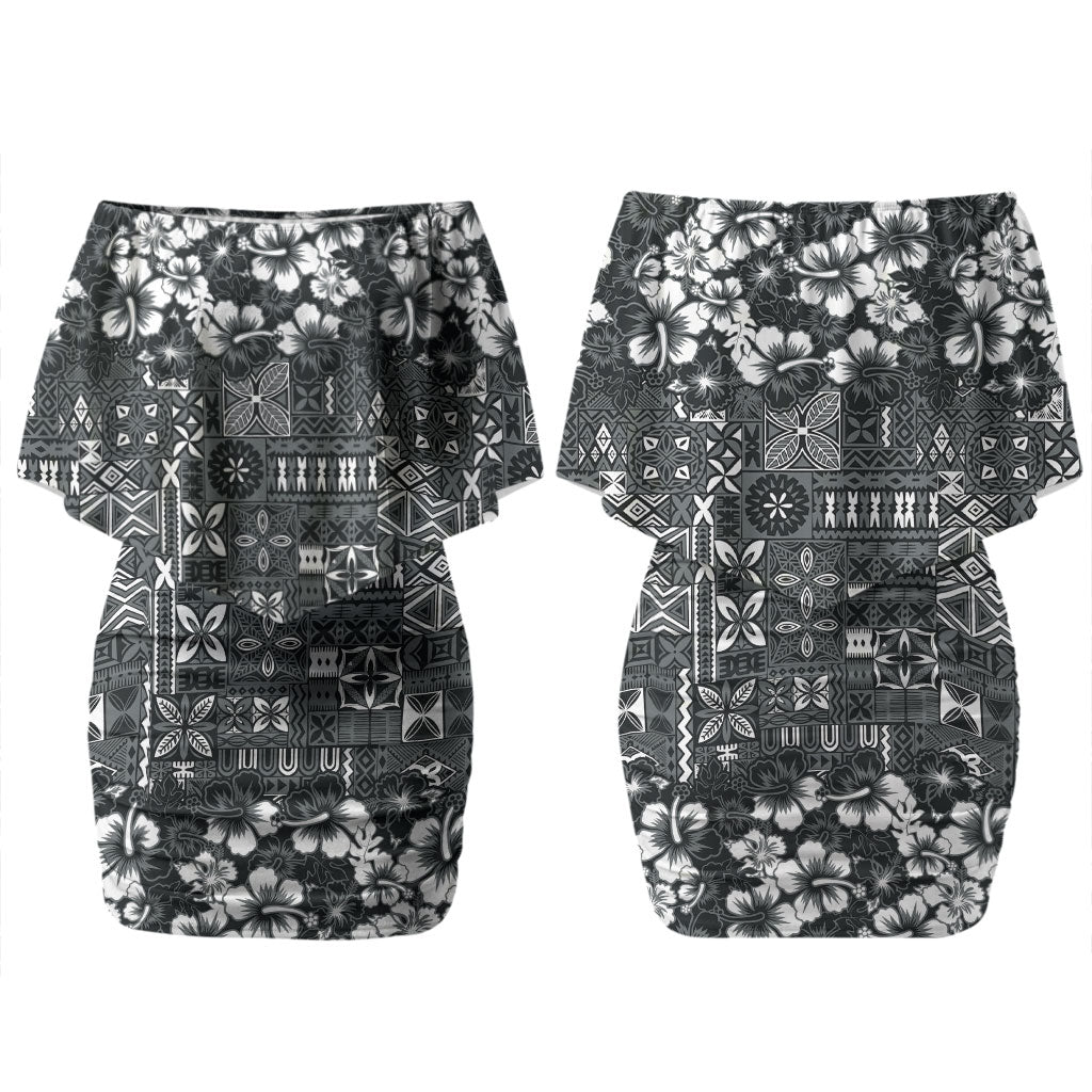 Black Hawaiian Tapa Tribal Hibiscus Couples Matching Off Shoulder Short Dress and Long Sleeve Button Shirt