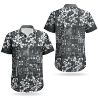 Black Hawaiian Tapa Tribal Hibiscus Couples Matching Off The Shoulder Long Sleeve Dress and Hawaiian Shirt