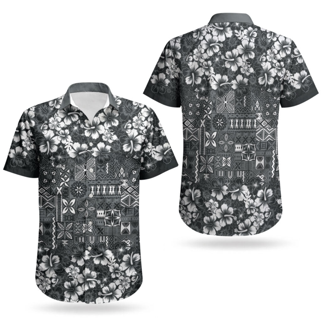 Black Hawaiian Tapa Tribal Hibiscus Couples Matching Puletasi and Hawaiian Shirt