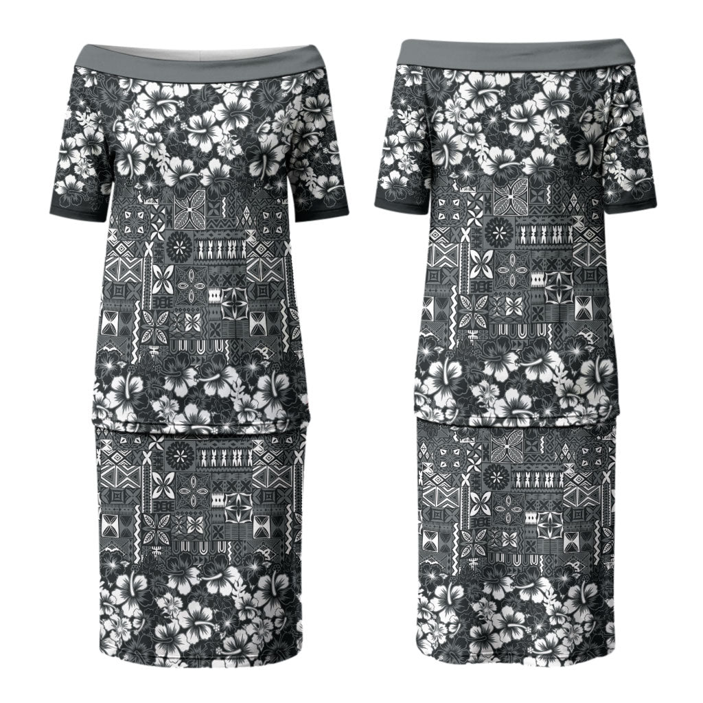 Black Hawaiian Tapa Tribal Hibiscus Couples Matching Puletasi and Hawaiian Shirt