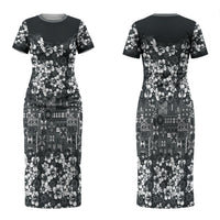 Black Hawaiian Tapa Tribal Hibiscus Couples Matching Short Sleeve Bodycon Dress and Long Sleeve Button Shirt
