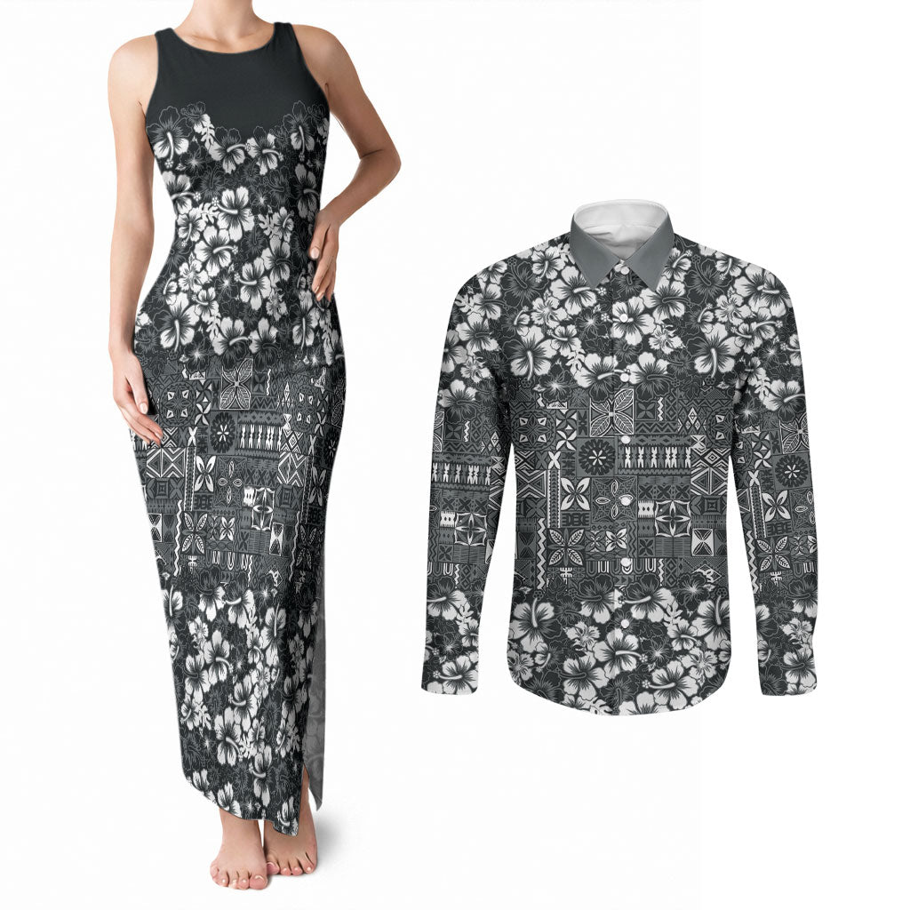 Black Hawaiian Tapa Tribal Hibiscus Couples Matching Tank Maxi Dress and Long Sleeve Button Shirt
