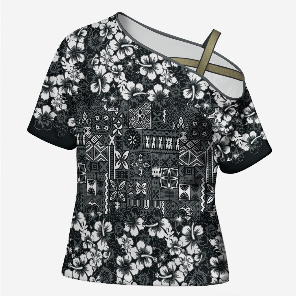 Black Hawaiian Tapa Tribal Hibiscus Cross Shoulder Shirt
