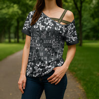 Black Hawaiian Tapa Tribal Hibiscus Cross Shoulder Shirt