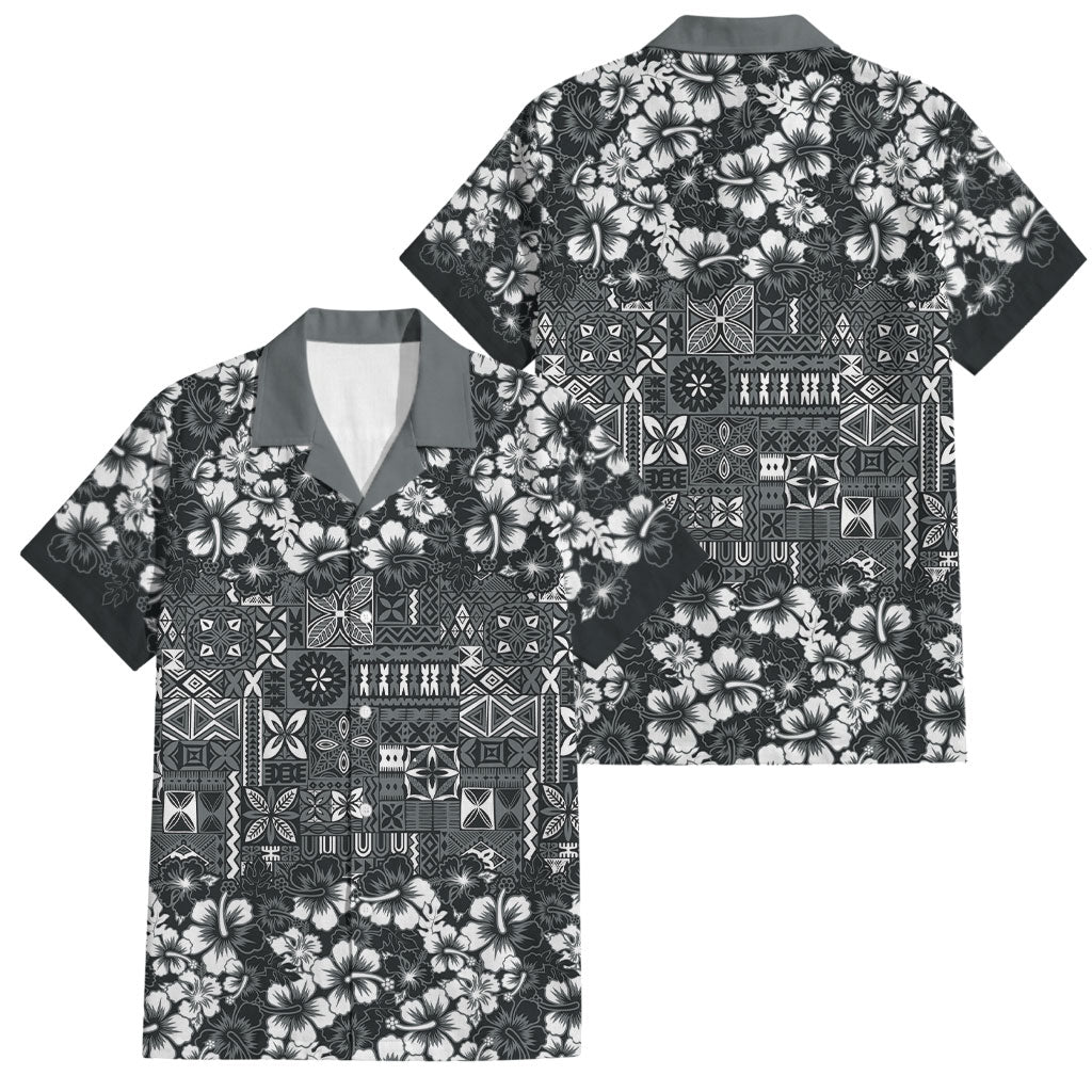 Black Hawaiian Tapa Tribal Hibiscus Family Matching Long Sleeve Bodycon Dress and Hawaiian Shirt