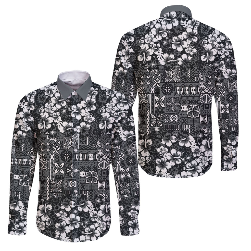 Black Hawaiian Tapa Tribal Hibiscus Family Matching Long Sleeve Bodycon Dress and Hawaiian Shirt