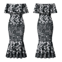 Black Hawaiian Tapa Tribal Hibiscus Family Matching Mermaid Dress and Hawaiian Shirt