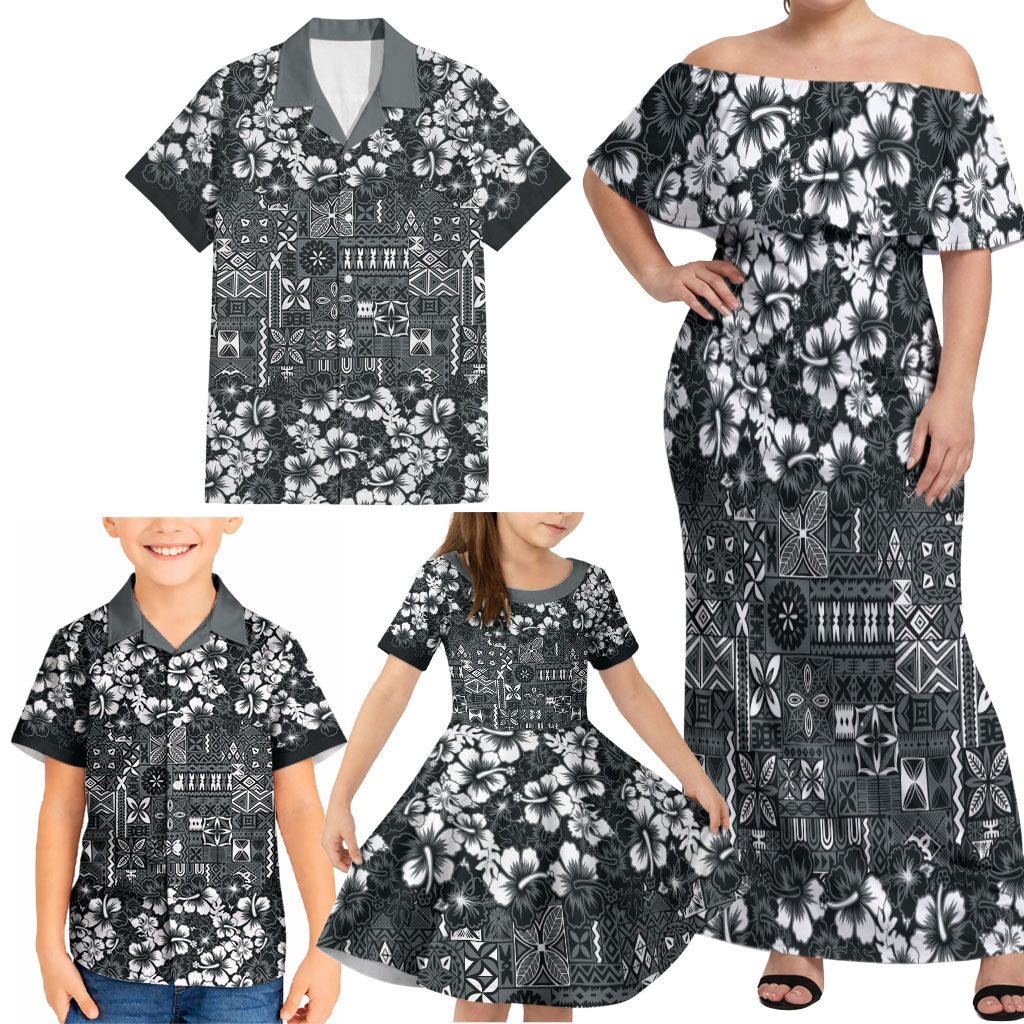 Black Hawaiian Tapa Tribal Hibiscus Family Matching Off Shoulder Maxi Dress and Hawaiian Shirt
