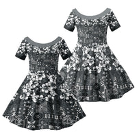 Black Hawaiian Tapa Tribal Hibiscus Family Matching Off Shoulder Maxi Dress and Hawaiian Shirt