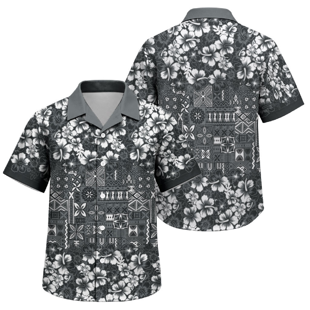 Black Hawaiian Tapa Tribal Hibiscus Family Matching Off Shoulder Maxi Dress and Hawaiian Shirt