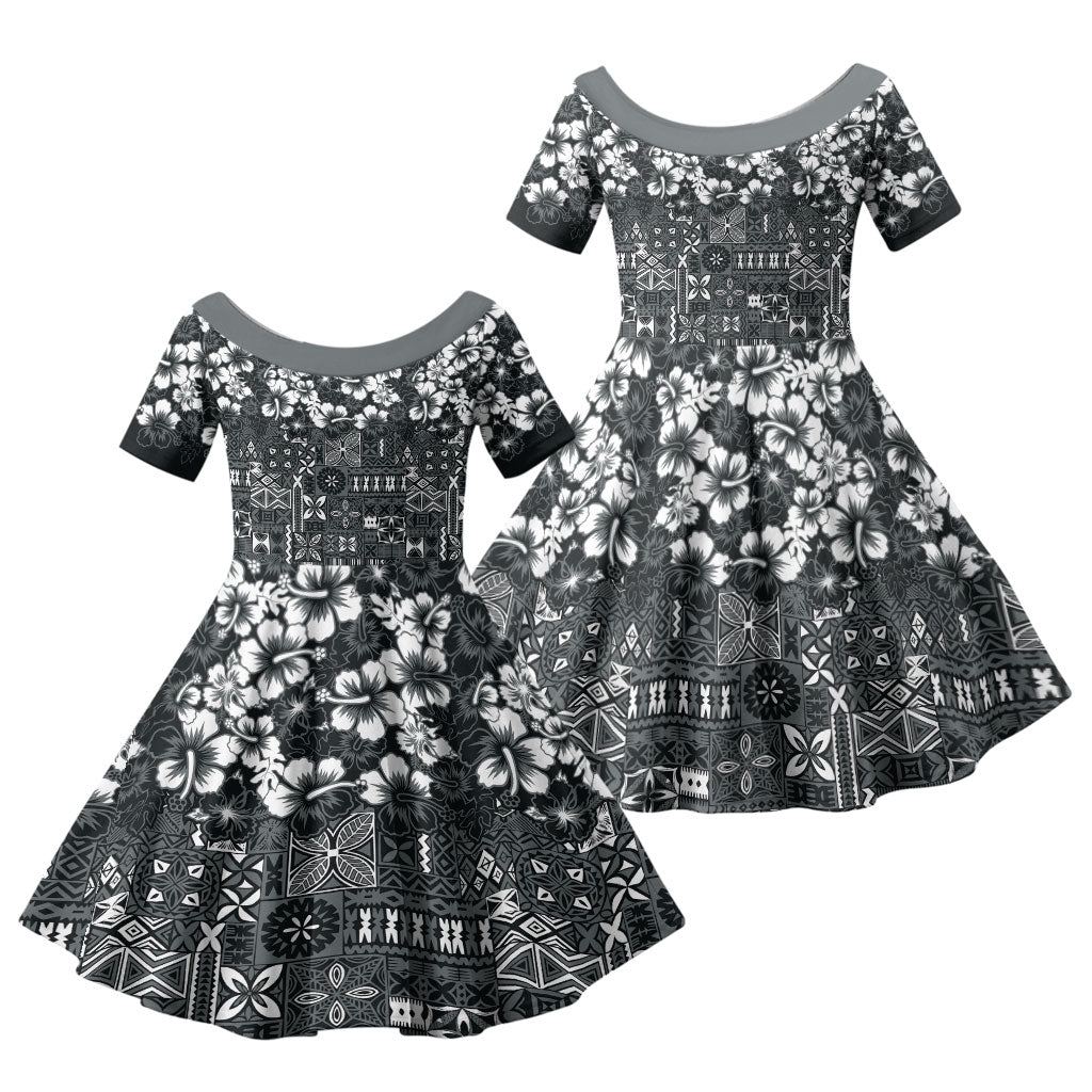 Black Hawaiian Tapa Tribal Hibiscus Family Matching Tank Maxi Dress and Hawaiian Shirt
