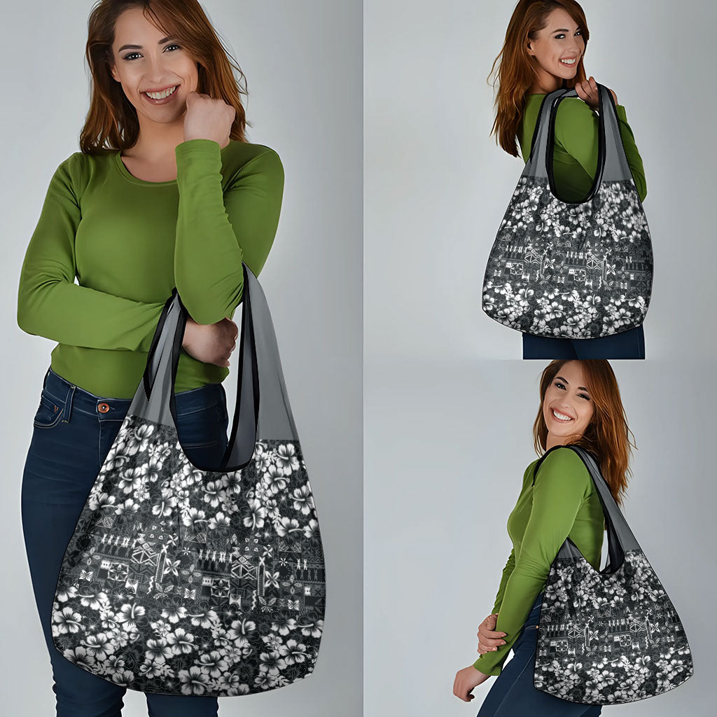 Black Hawaiian Tapa Tribal Hibiscus Grocery Bag