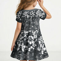 Black Hawaiian Tapa Tribal Hibiscus Kid Short Sleeve Dress