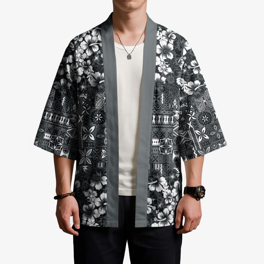 Black Hawaiian Tapa Tribal Hibiscus Kimono