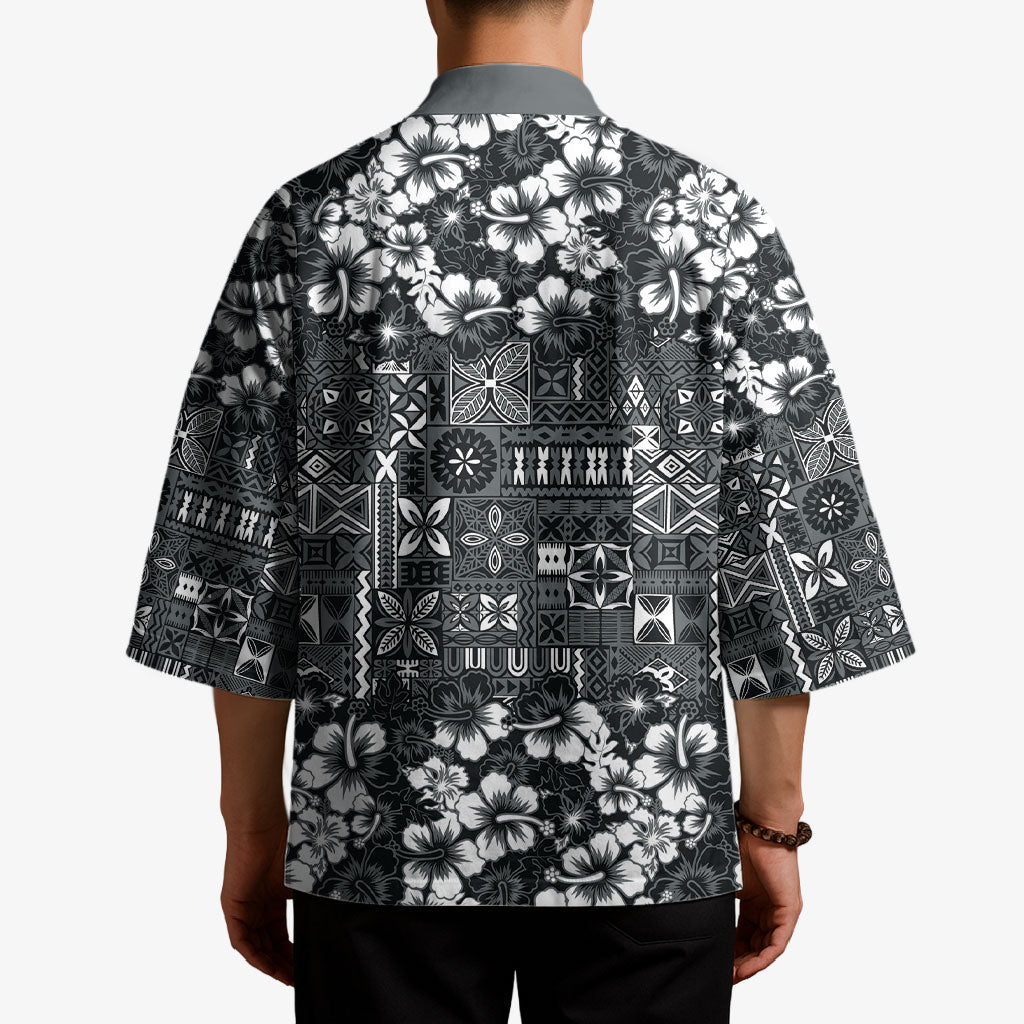 Black Hawaiian Tapa Tribal Hibiscus Kimono