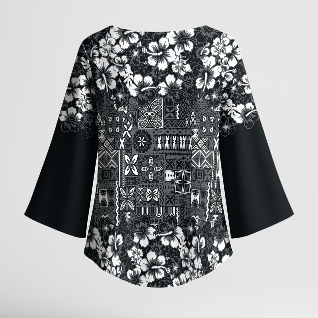 Black Hawaiian Tapa Tribal Hibiscus Kimono Sleeve Blouse