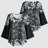 Black Hawaiian Tapa Tribal Hibiscus Kimono Sleeve Blouse
