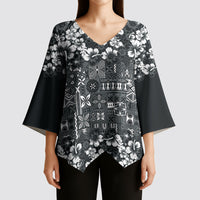 Black Hawaiian Tapa Tribal Hibiscus Kimono Sleeve Blouse