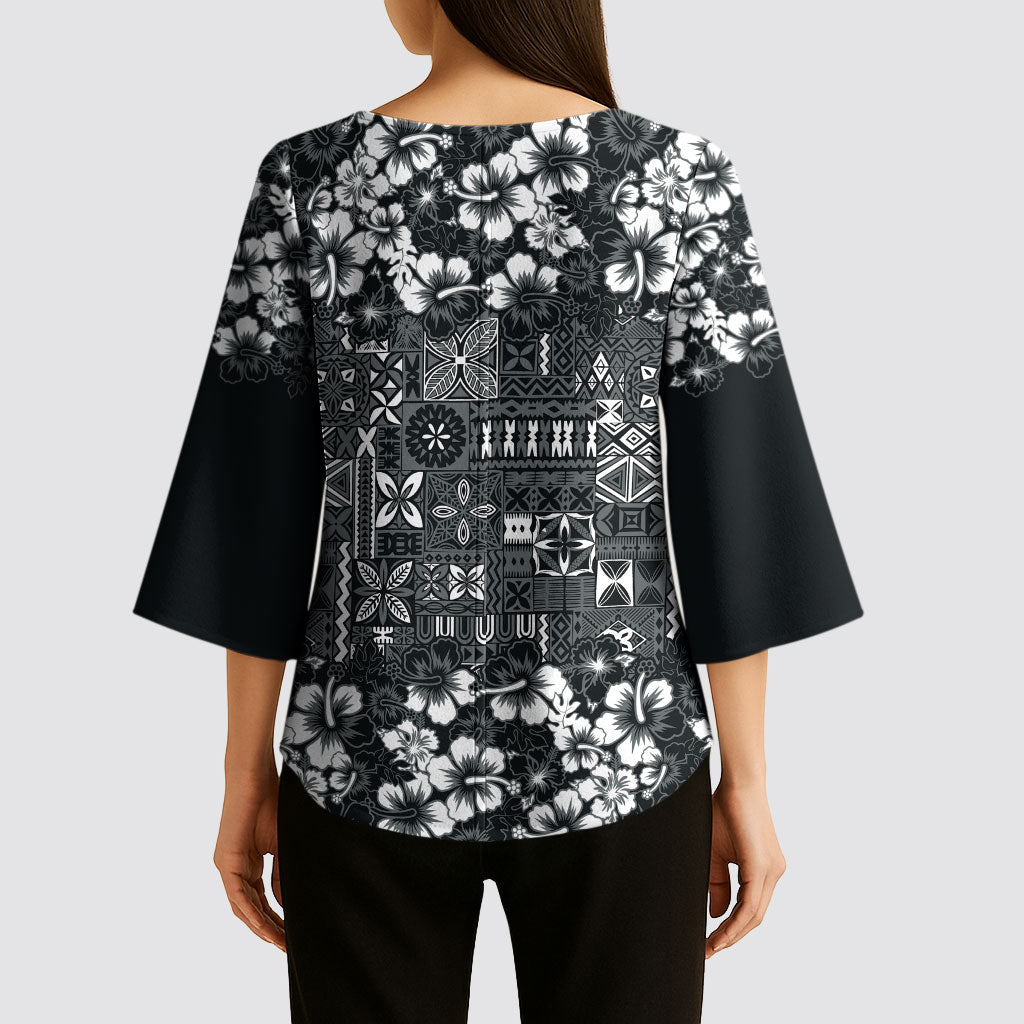 Black Hawaiian Tapa Tribal Hibiscus Kimono Sleeve Blouse