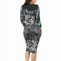 Black Hawaiian Tapa Tribal Hibiscus Long Sleeve Bodycon Dress