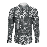 Black Hawaiian Tapa Tribal Hibiscus Long Sleeve Button Shirt
