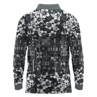 Black Hawaiian Tapa Tribal Hibiscus Long Sleeve Polo Shirt