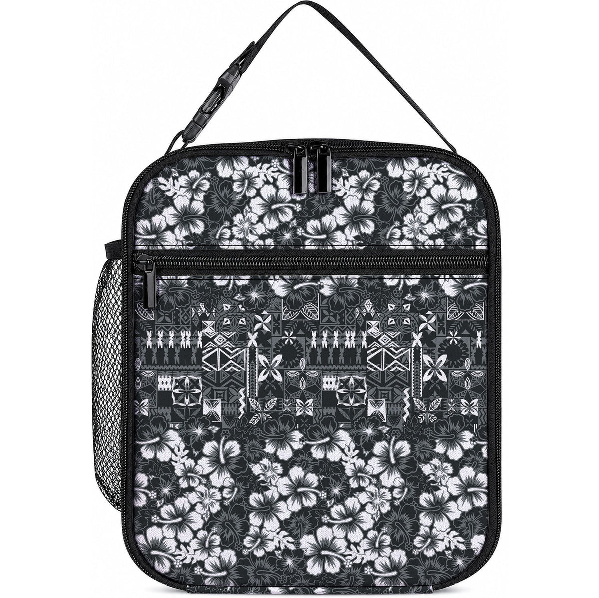 Black Hawaiian Tapa Tribal Hibiscus Lunch Bag LT9 10.2 × 8.3 × 4.3 inch Black - Polynesian Pride