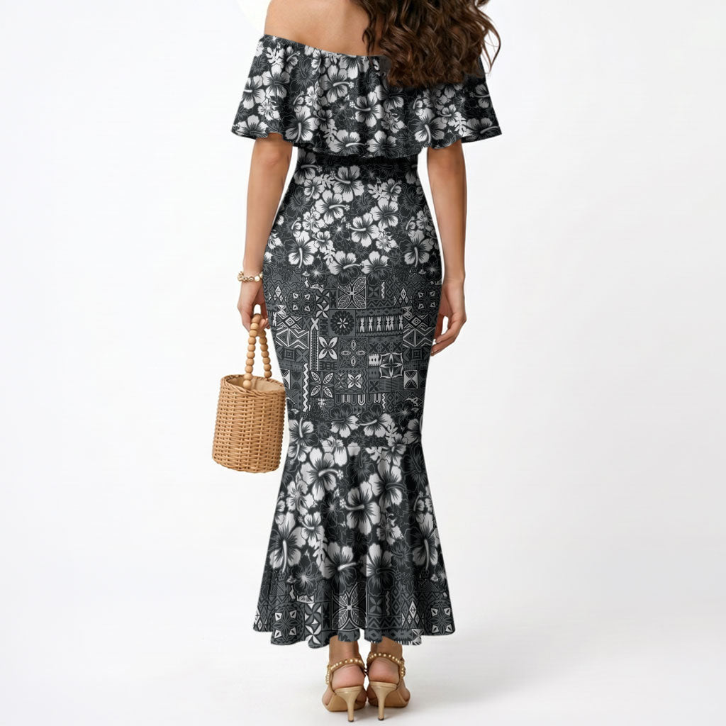 Black Hawaiian Tapa Tribal Hibiscus Mermaid Dress