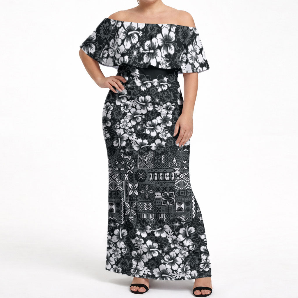 Black Hawaiian Tapa Tribal Hibiscus Off Shoulder Maxi Dress