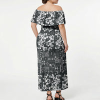 Black Hawaiian Tapa Tribal Hibiscus Off Shoulder Maxi Dress