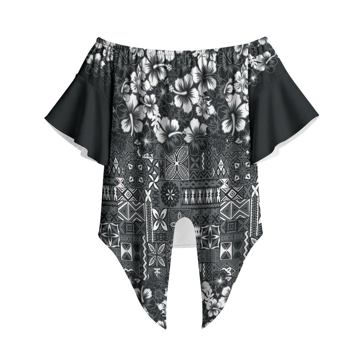 Black Hawaiian Tapa Tribal Hibiscus Off Shoulder Wrap Waist Top LT9 Black - Polynesian Pride