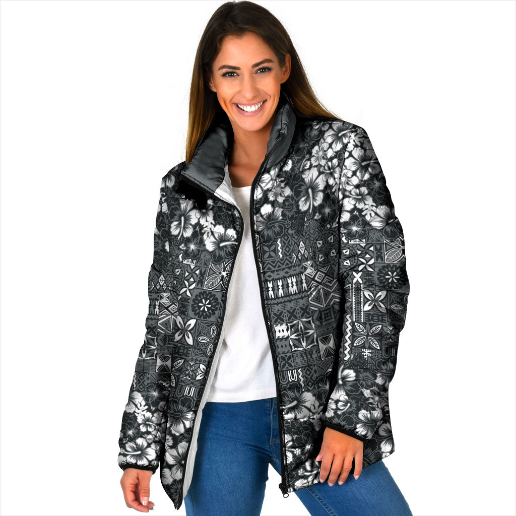 Black Hawaiian Tapa Tribal Hibiscus Padded Jacket