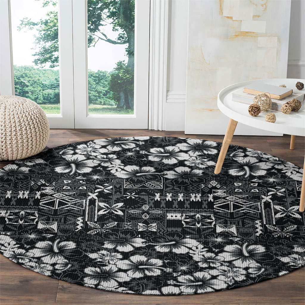 Black Hawaiian Tapa Tribal Hibiscus Round Carpet