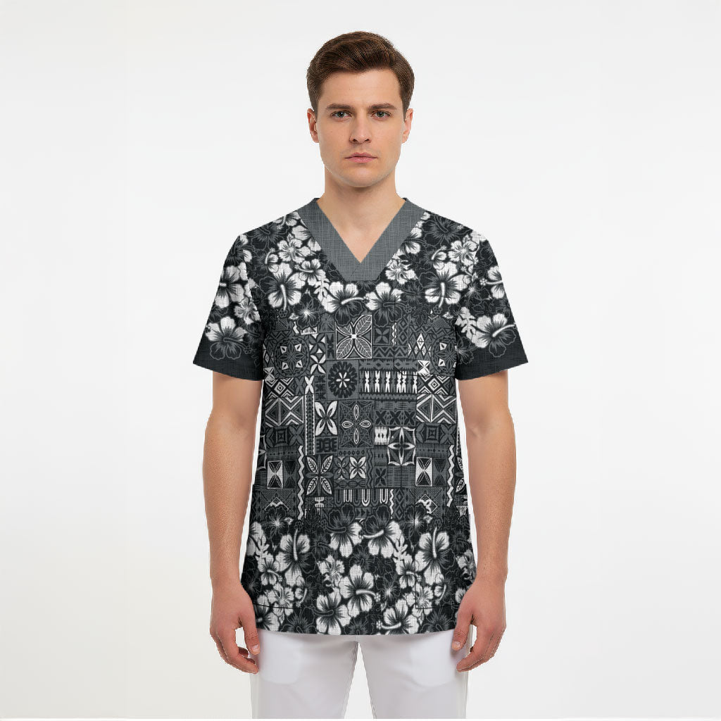 Black Hawaiian Tapa Tribal Hibiscus Scrub Top
