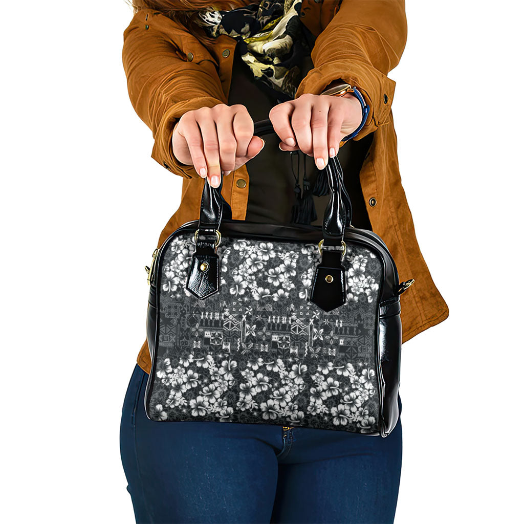Black Hawaiian Tapa Tribal Hibiscus Shoulder Handbag