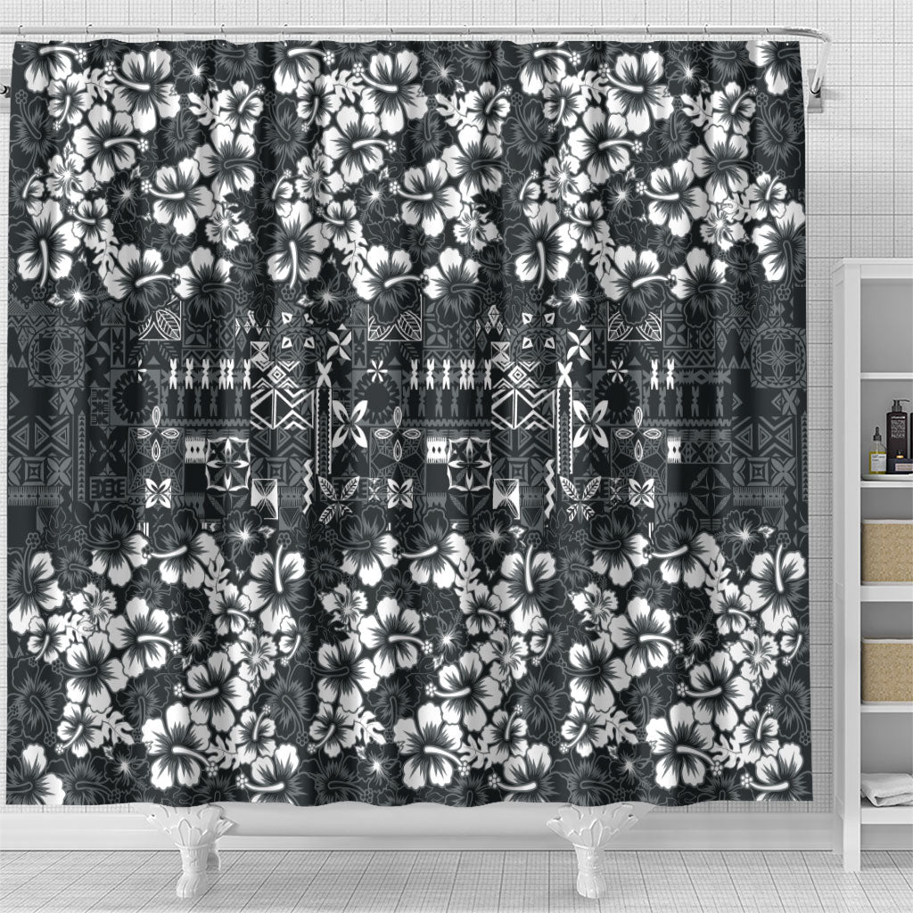 Black Hawaiian Tapa Tribal Hibiscus Shower Curtain