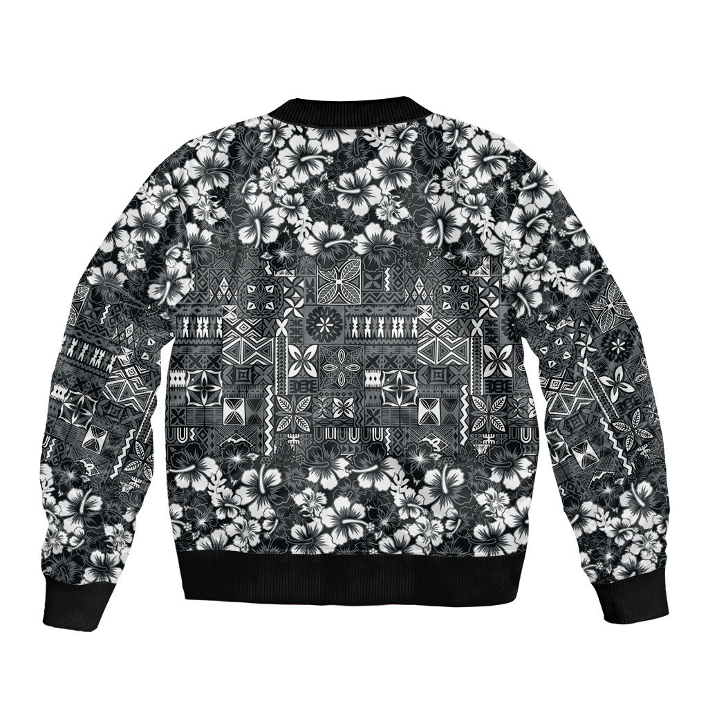 Black Hawaiian Tapa Tribal Hibiscus Sleeve Zip Bomber Jacket