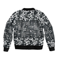 Black Hawaiian Tapa Tribal Hibiscus Sleeve Zip Bomber Jacket